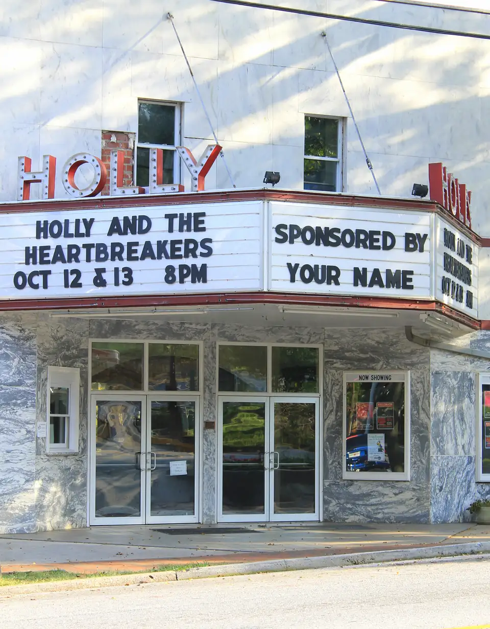 The Holly Theatre's marquee and marble entrance in downtown Dahlonega.